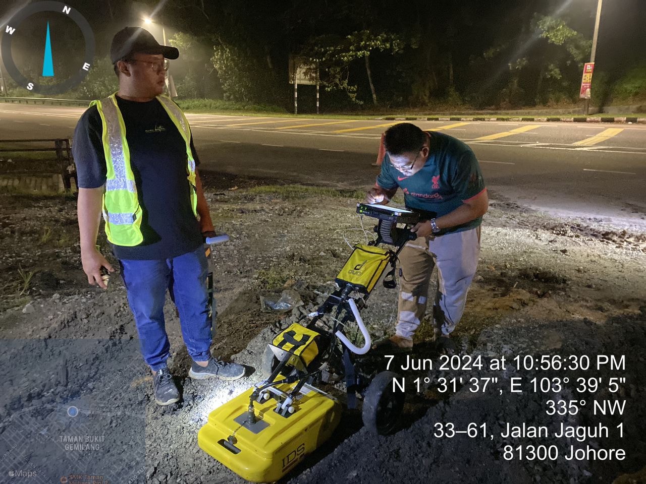 GPR utility detection survey at Jalan Jaguh 1, 81300 Johor (7 June 2024, night works).